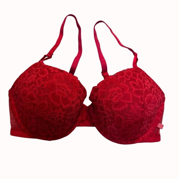Victorias Secret Red Lace Bra Lined Demi Size 36D Floral Design Adjustable Strap - Picture 1 of 15